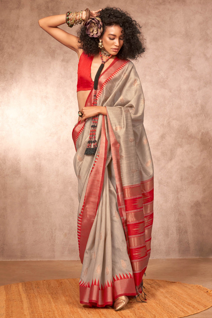 Dark Beige and Red Bhagalpuri Banarasi Silk Saree