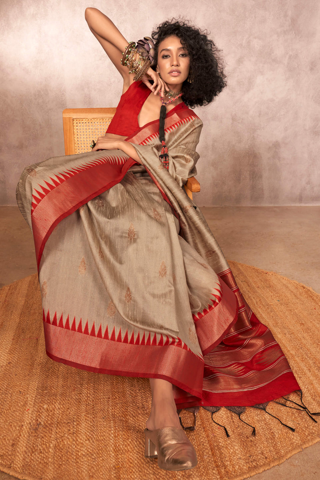 Dark Beige and Red Bhagalpuri Banarasi Silk Saree