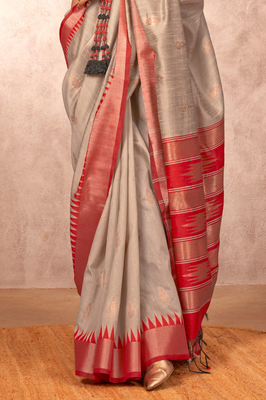 Dark Beige and Red Bhagalpuri Banarasi Silk Saree