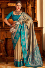 Dark Beige and Teal Blue Soft Banarasi Silk Saree