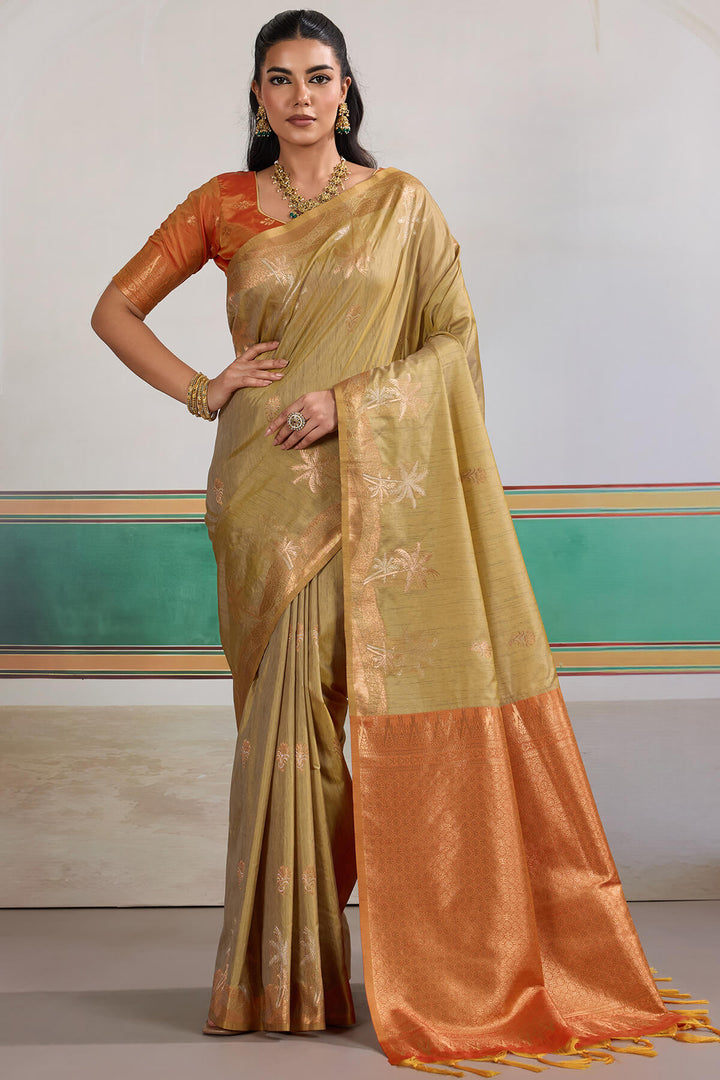 Dark Beige Banarasi Tussar Silk Saree