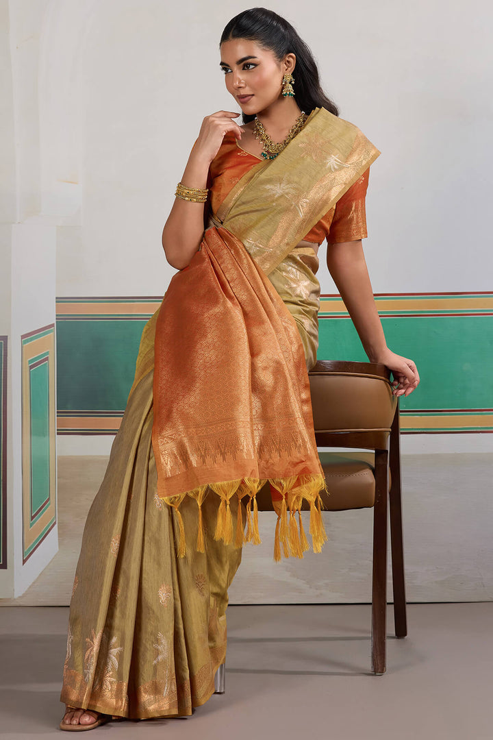 Dark Beige Banarasi Tussar Silk Saree