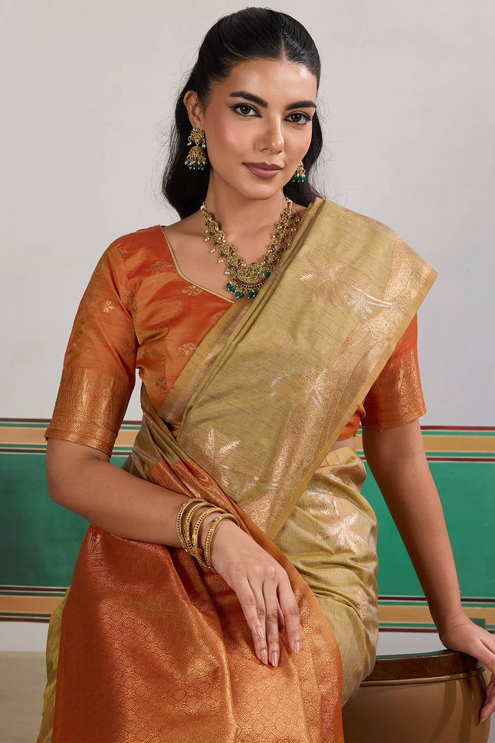 Dark Beige Banarasi Tussar Silk Saree