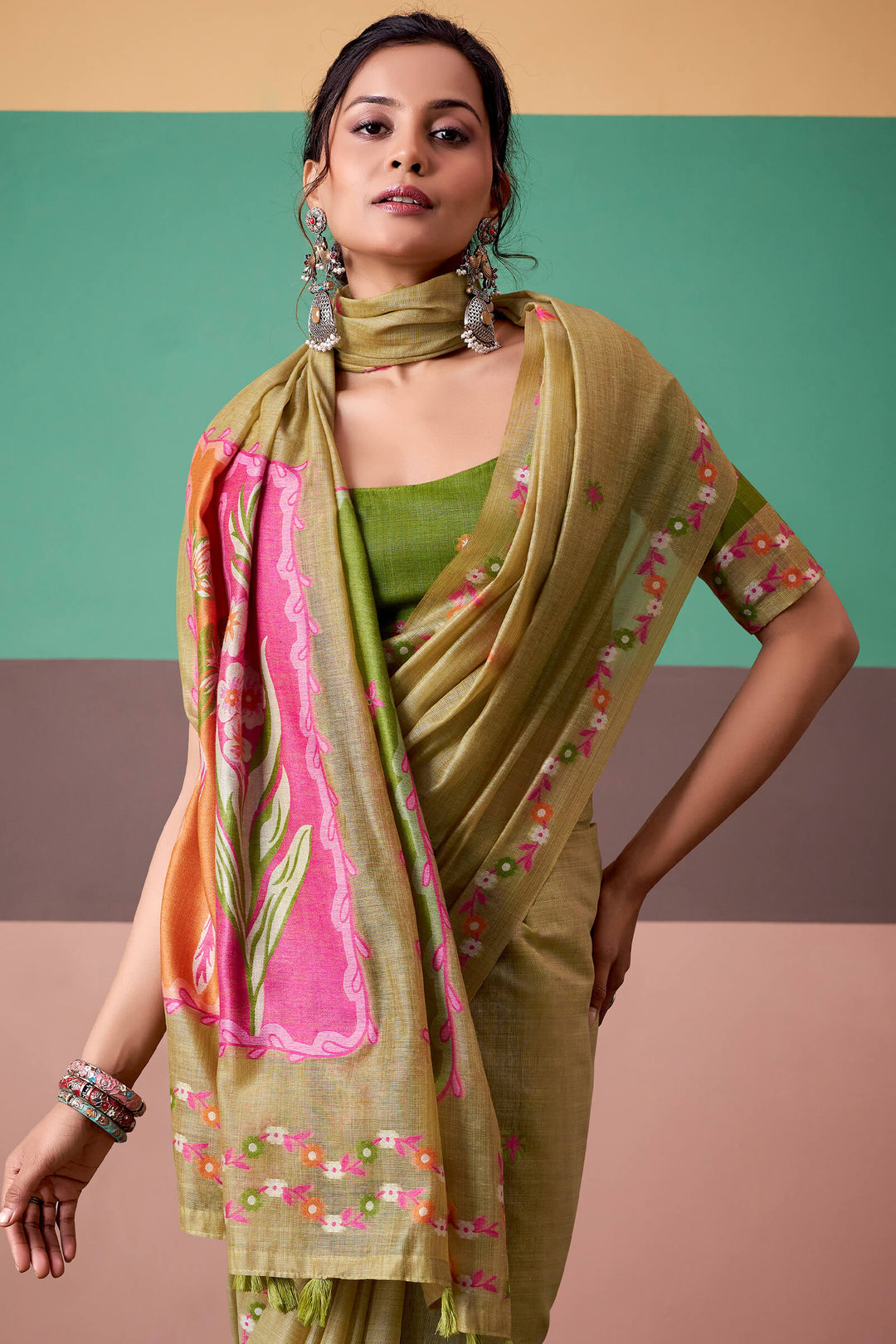 Dark Beige Munga Cotton Silk Saree