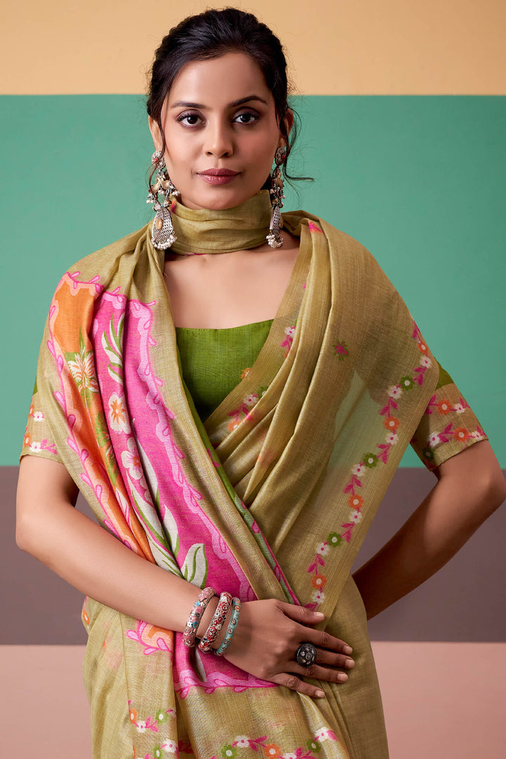Dark Beige Munga Cotton Silk Saree