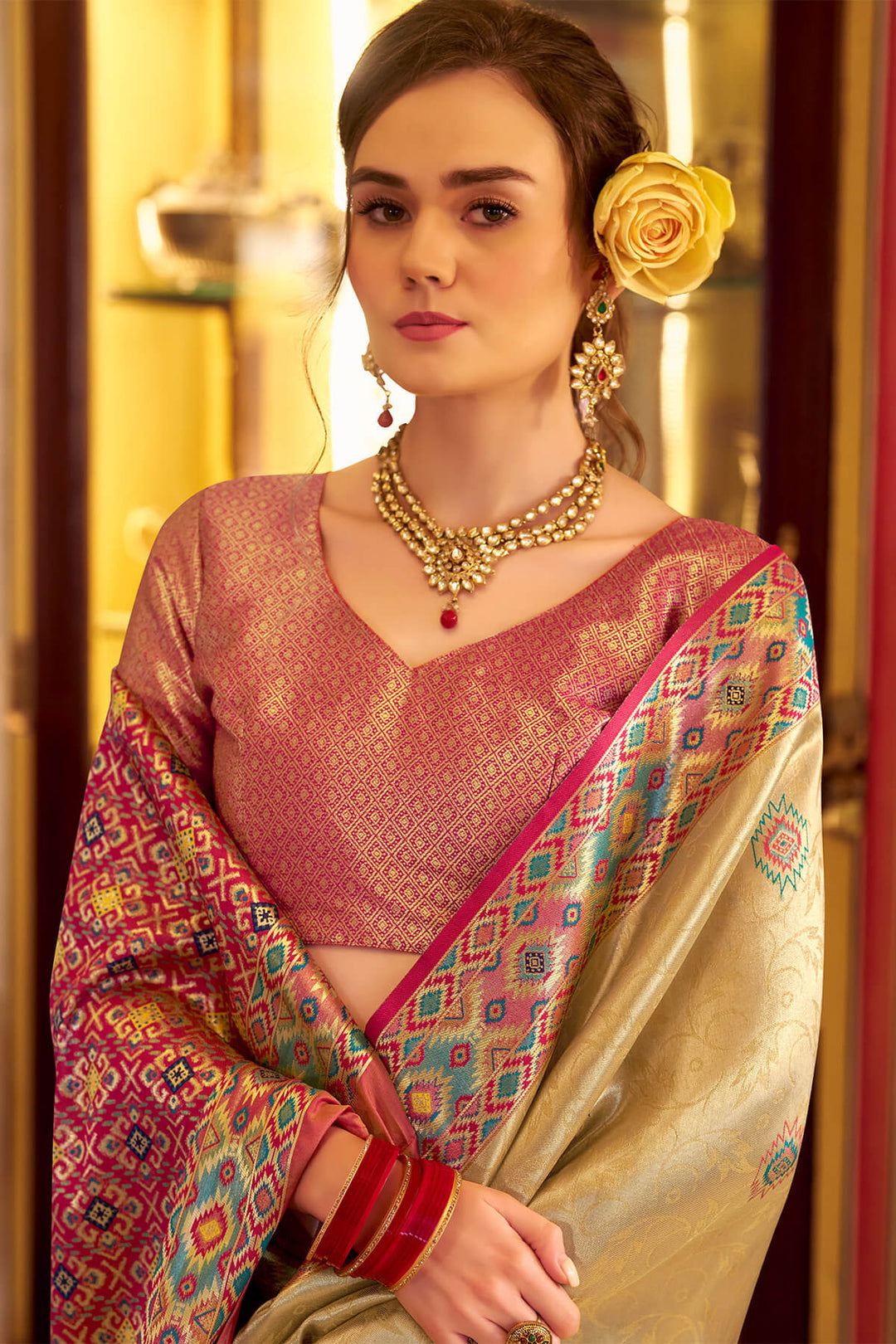Dark Beige Patola Tissue Silk Saree