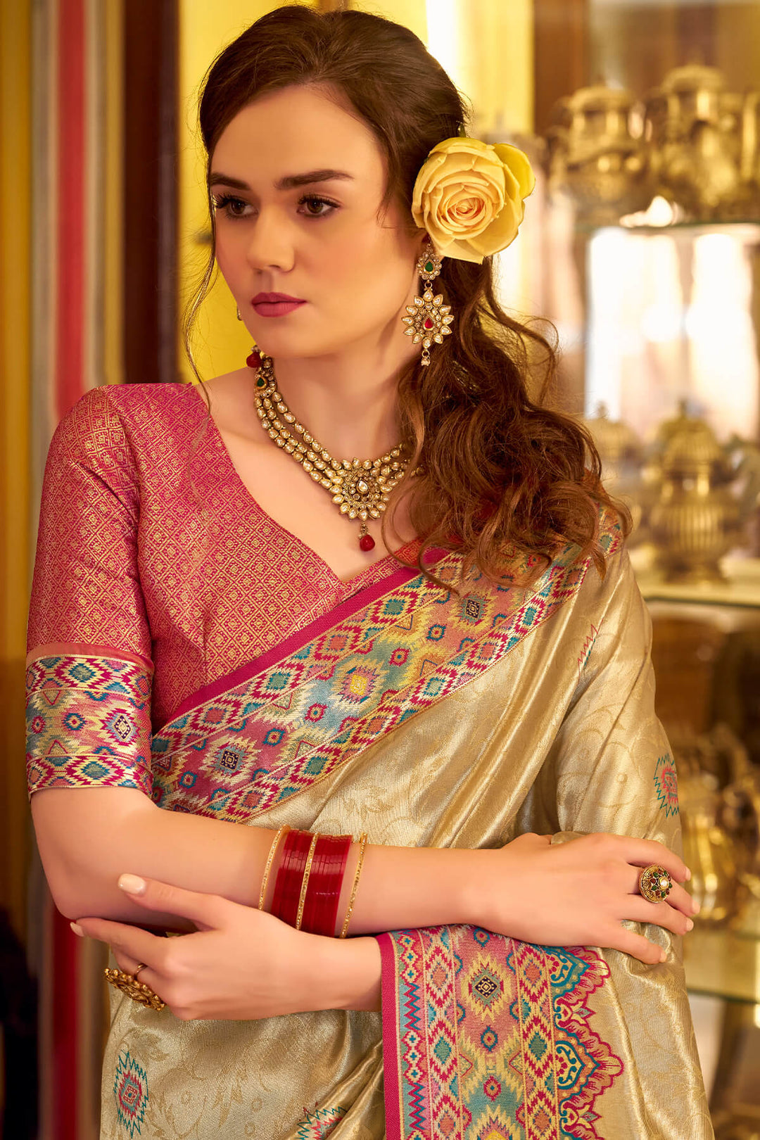 Dark Beige Patola Tissue Silk Saree