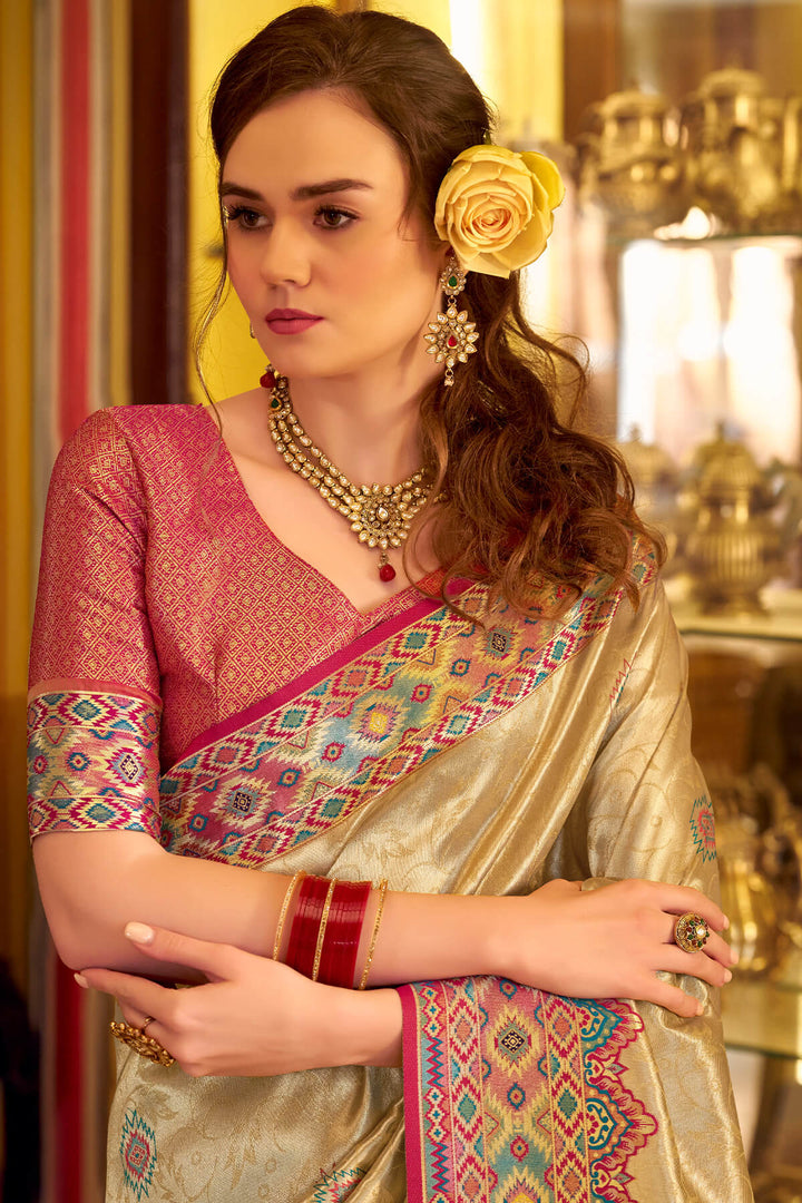 Dark Beige Patola Tissue Silk Saree