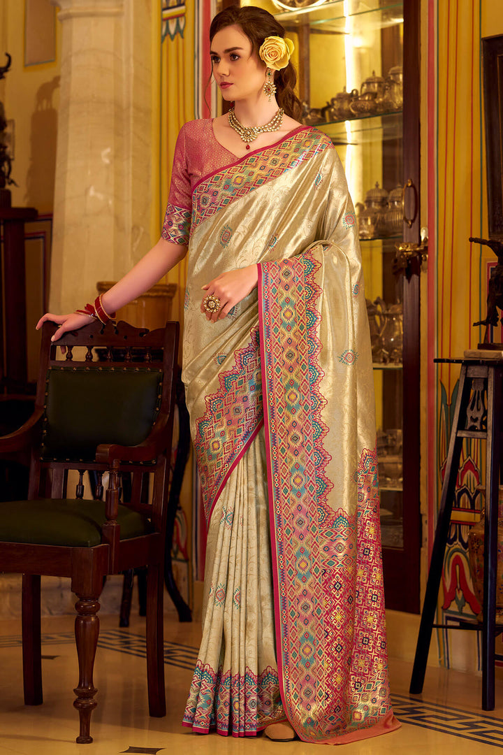Dark Beige Patola Tissue Silk Saree