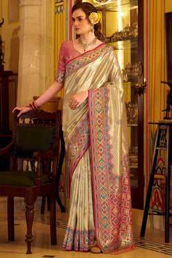 Dark Beige Patola Tissue Silk Saree