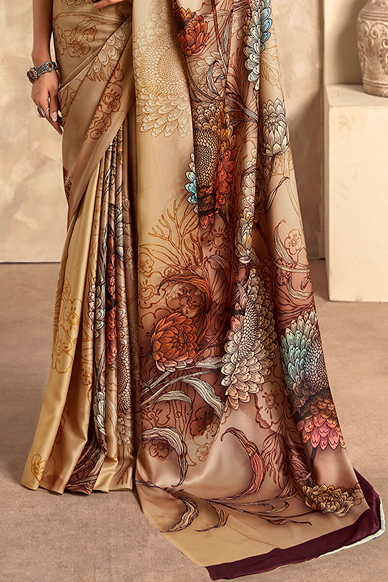 Dark Beige Printed Soft Satin Silk Saree