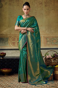 Dark Blue Green Zari Woven Kanjivaram Silk Saree