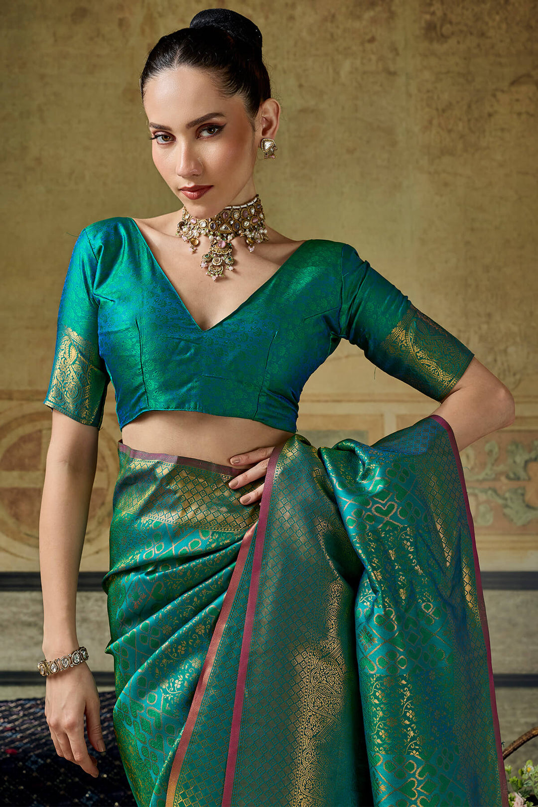 Dark Blue Green Zari Woven Kanjivaram Silk Saree