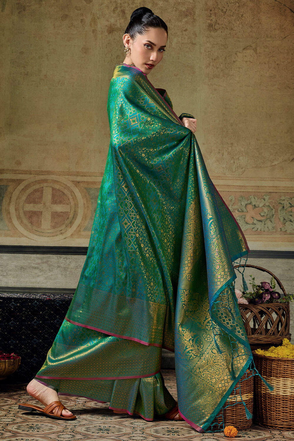 Dark Blue Green Zari Woven Kanjivaram Silk Saree