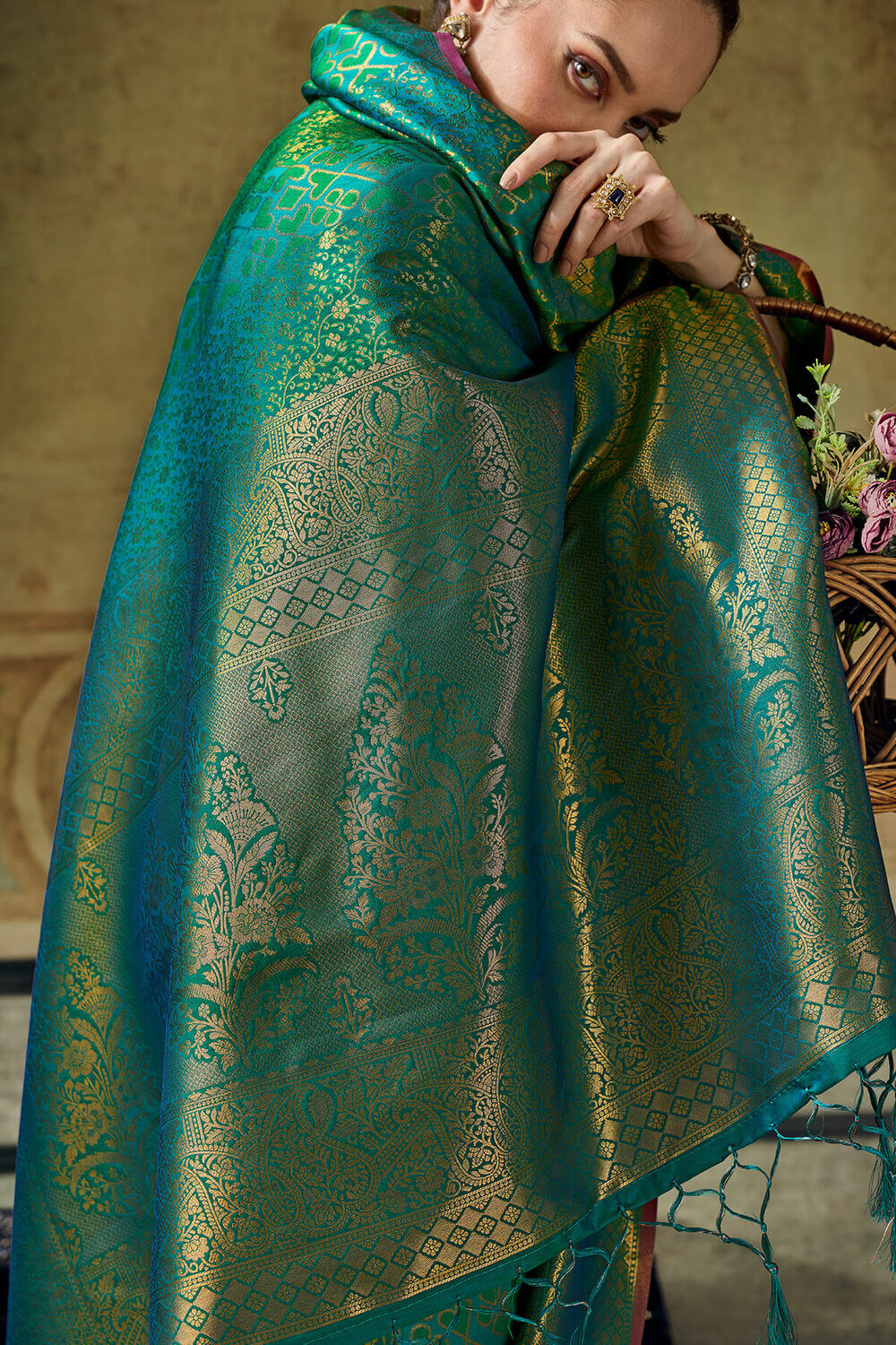 Dark Blue Green Zari Woven Kanjivaram Silk Saree