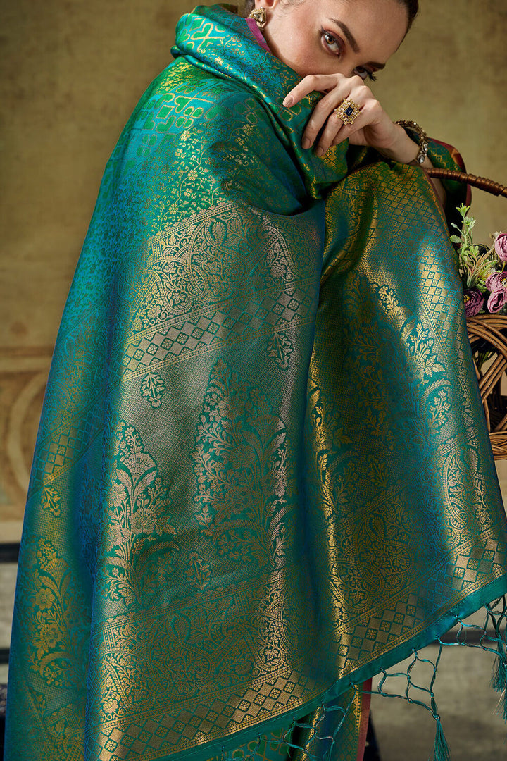 Dark Blue Green Zari Woven Kanjivaram Silk Saree