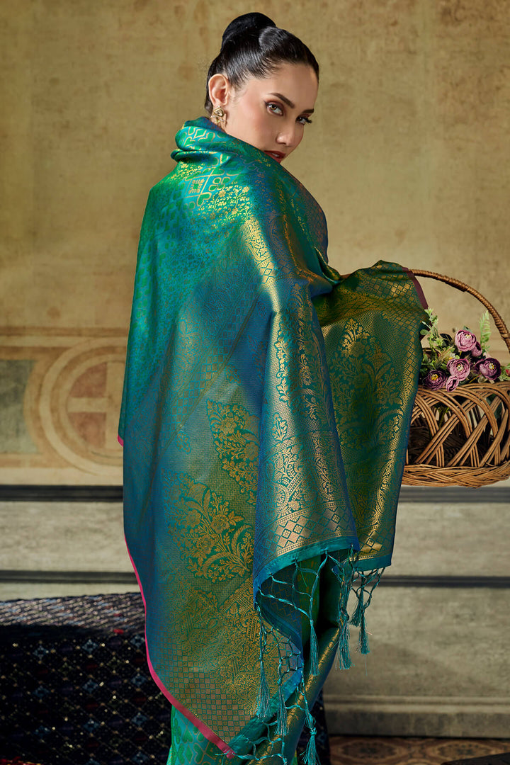 Dark Blue Green Zari Woven Kanjivaram Silk Saree