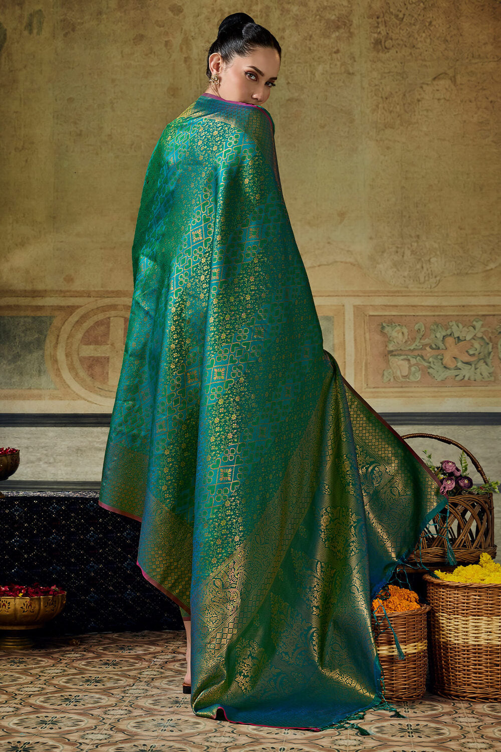 Dark Blue Green Zari Woven Kanjivaram Silk Saree