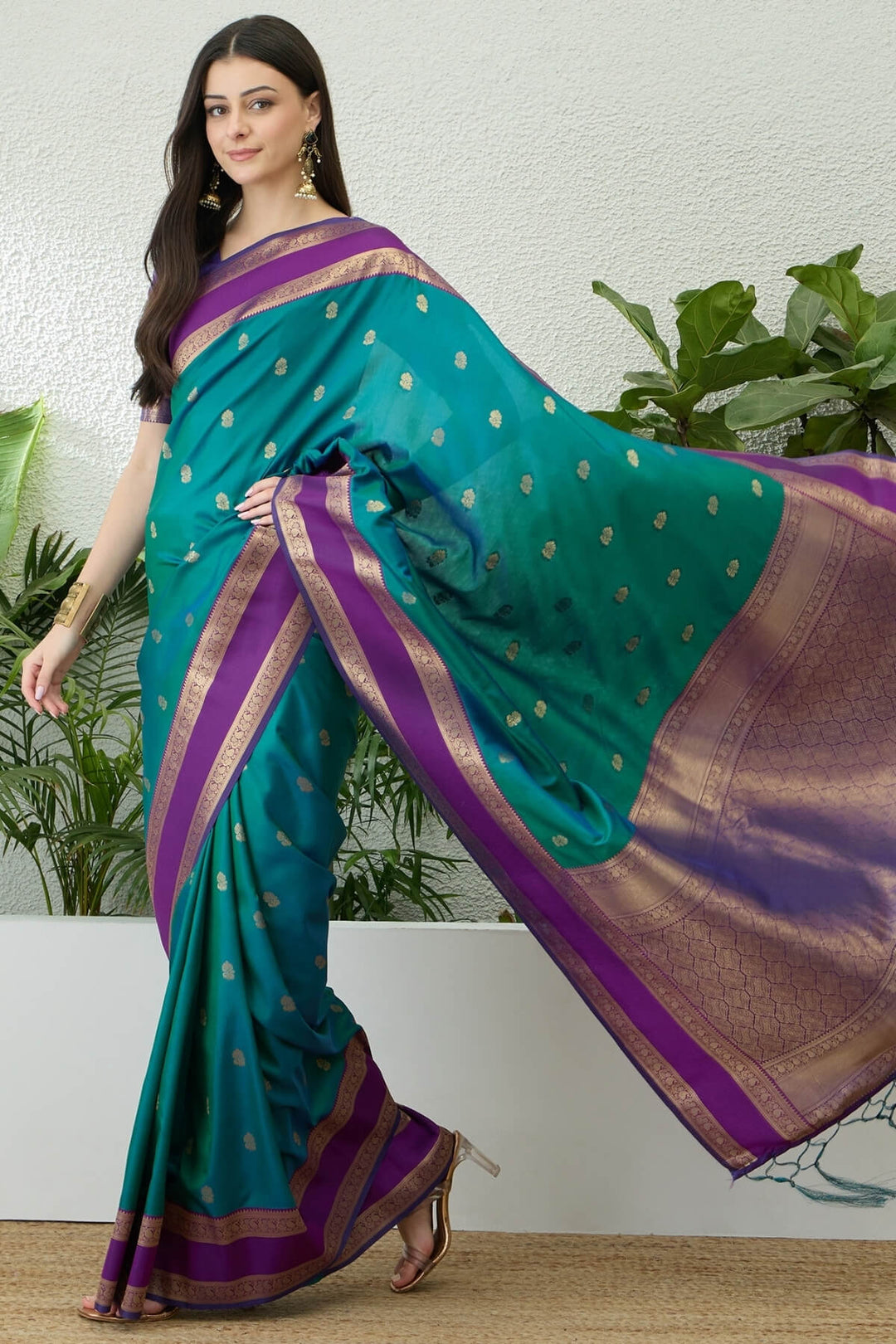 Dark Blue Green Zari Woven Soft Banarasi Silk Saree