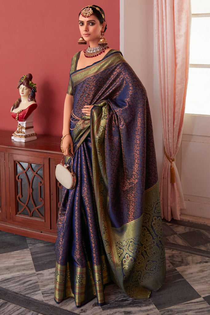 Dark Blue Zari Woven Kanjivaram Silk Saree