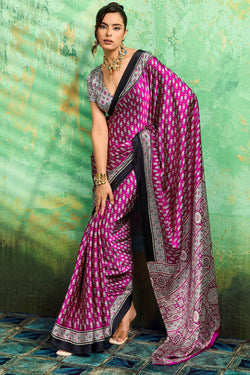 Dark Carnation Pink Ajrakh Printed Satin Silk Saree