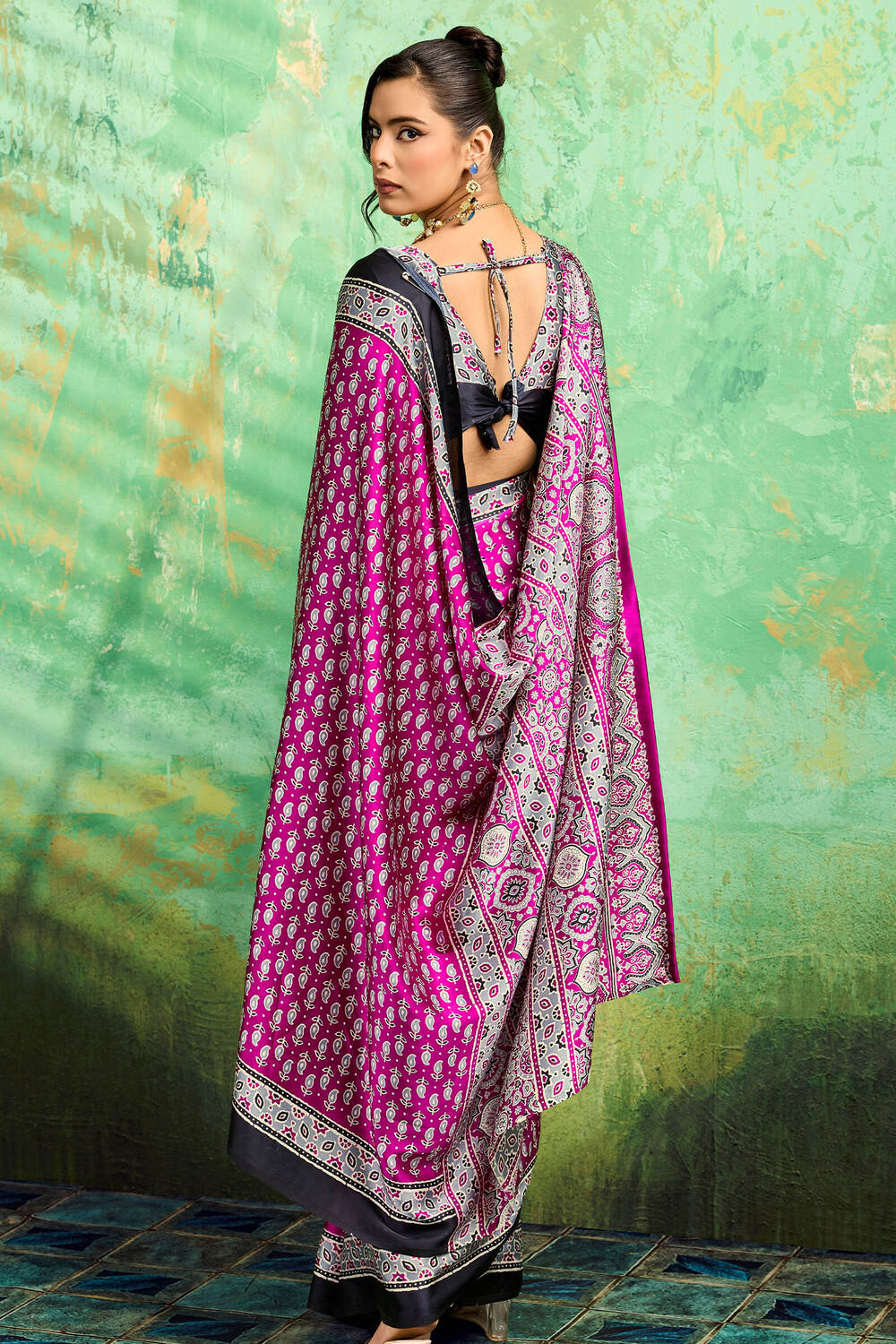 Dark Carnation Pink Ajrakh Printed Satin Silk Saree