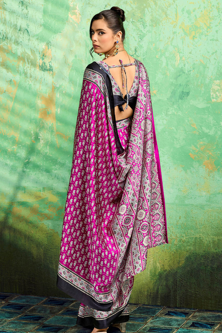 Dark Carnation Pink Ajrakh Printed Satin Silk Saree