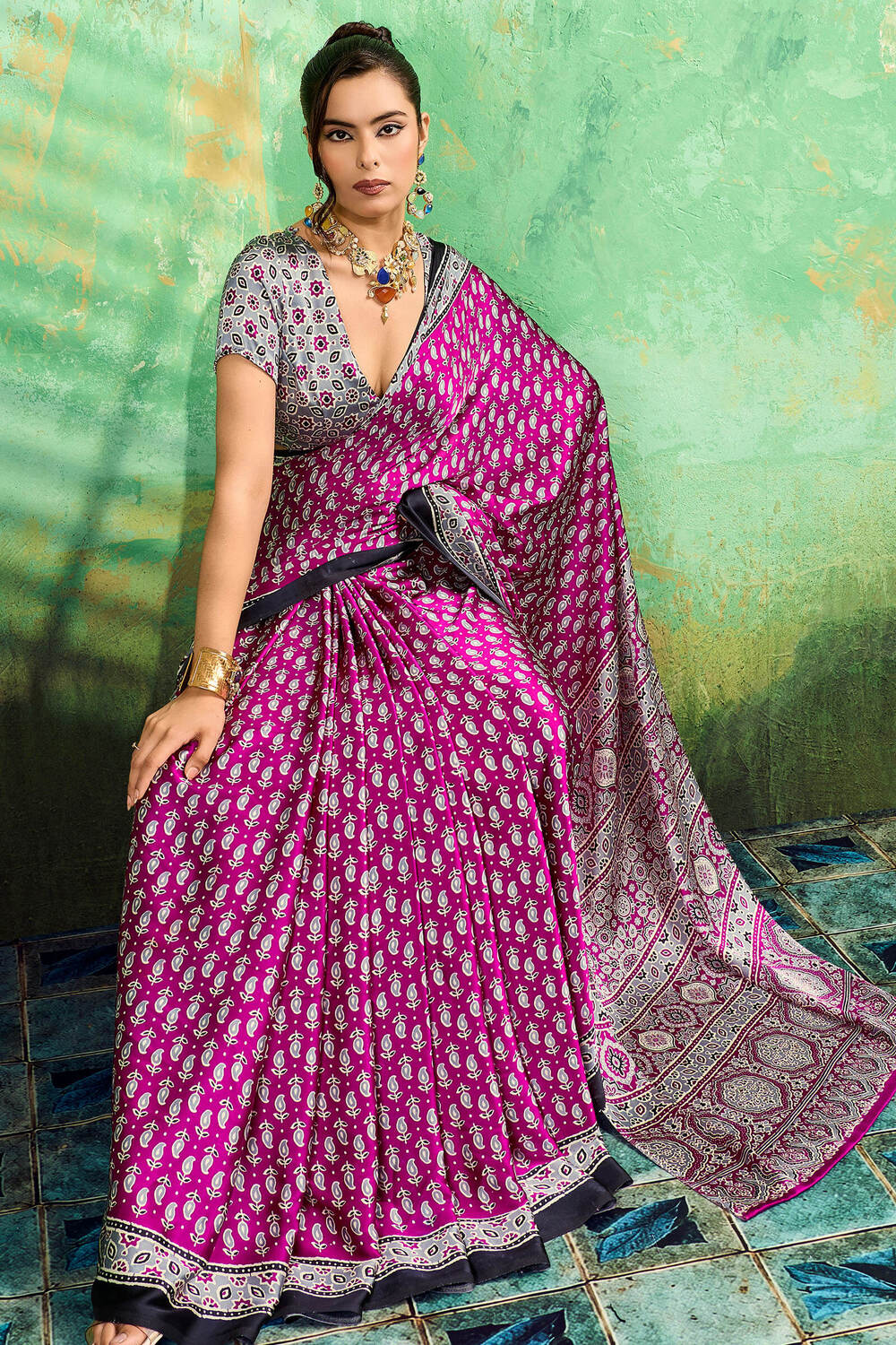 Dark Carnation Pink Ajrakh Printed Satin Silk Saree