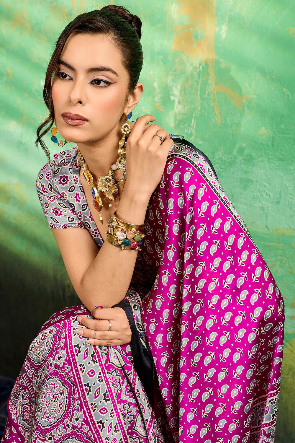 Dark Carnation Pink Ajrakh Printed Satin Silk Saree