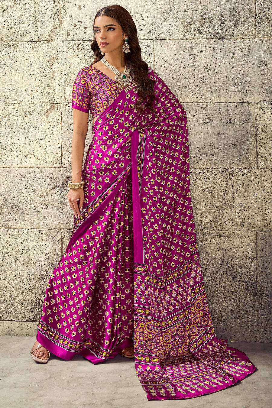 Dark Carnation Pink Ajrakh Printed Semi Modal Satin Silk Saree