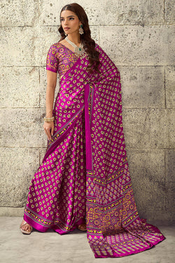 Dark Carnation Pink Ajrakh Printed Semi Modal Satin Silk Saree