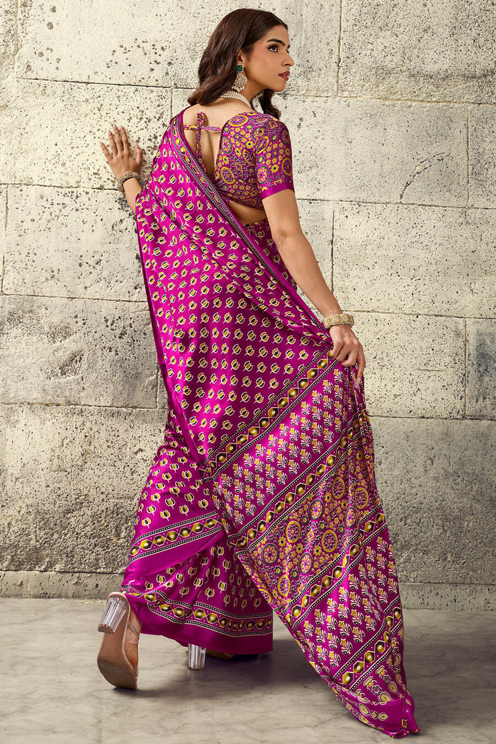 Dark Carnation Pink Ajrakh Printed Semi Modal Satin Silk Saree