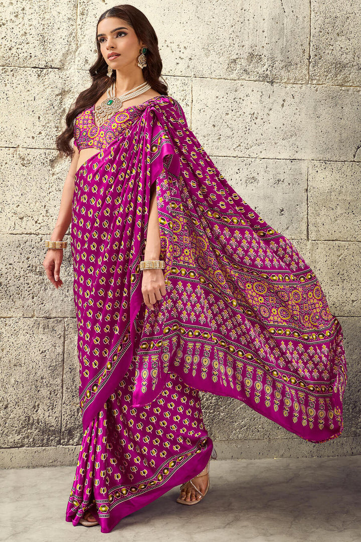 Dark Carnation Pink Ajrakh Printed Semi Modal Satin Silk Saree
