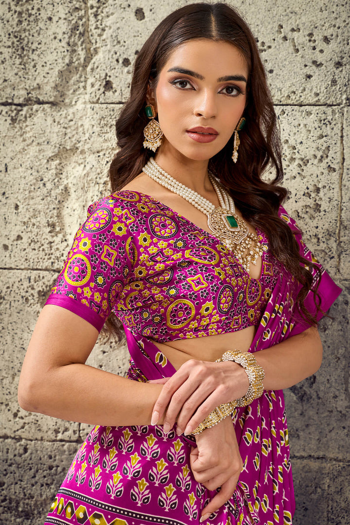 Dark Carnation Pink Ajrakh Printed Semi Modal Satin Silk Saree