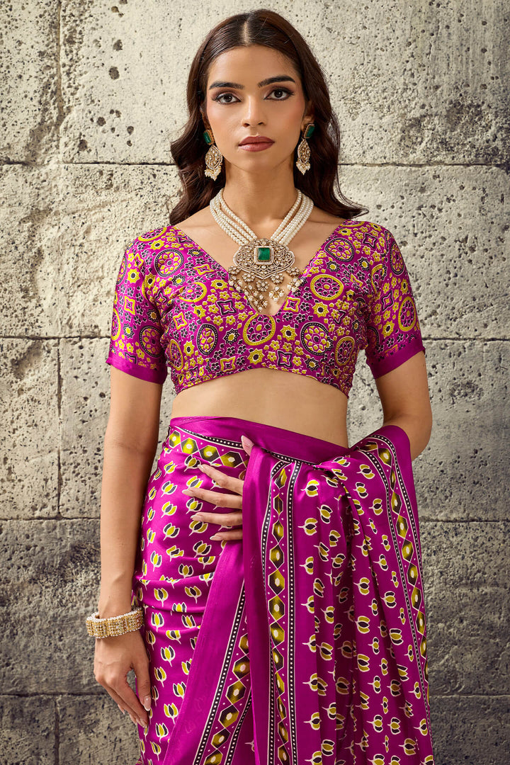 Dark Carnation Pink Ajrakh Printed Semi Modal Satin Silk Saree
