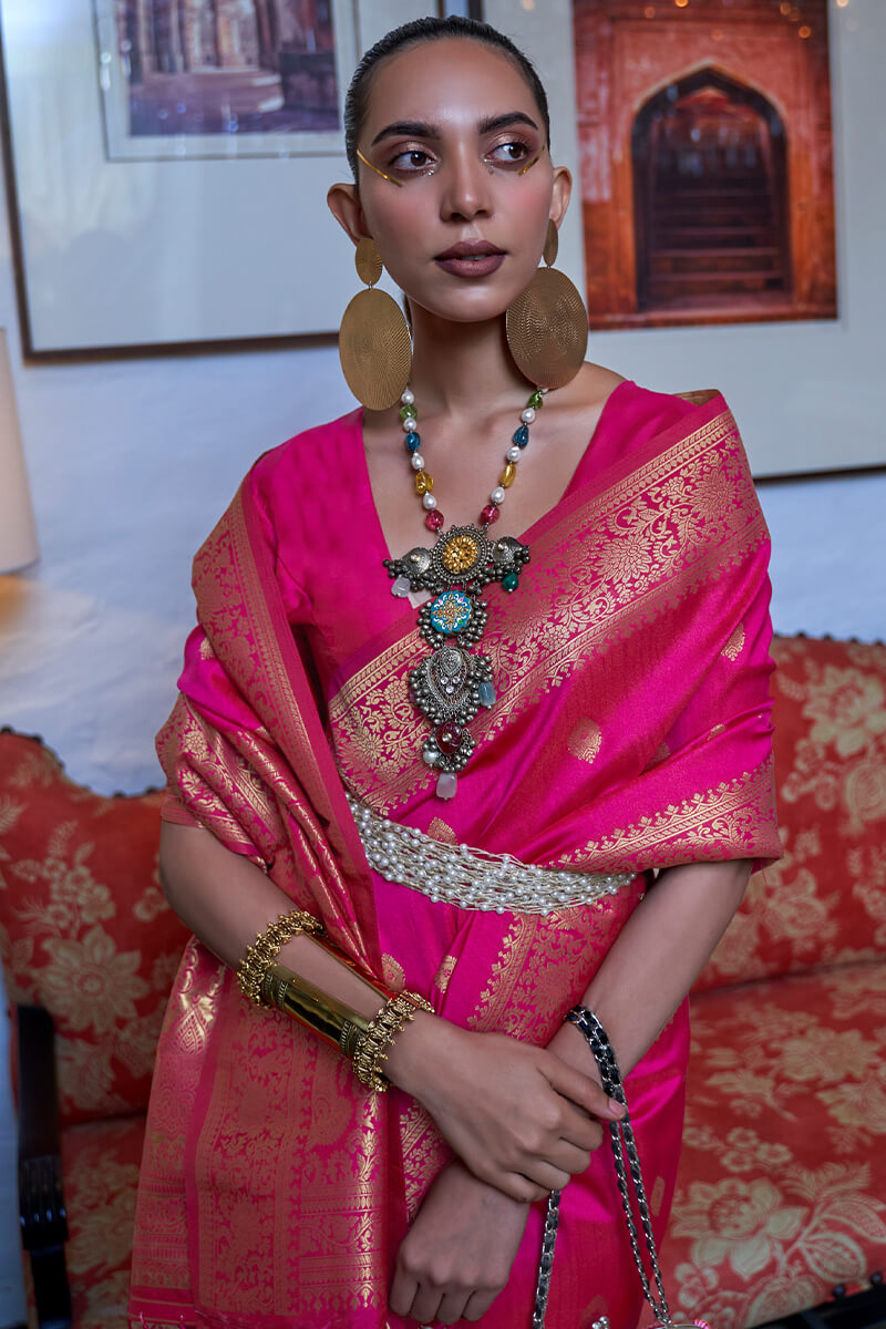 Dark Carnation Pink Dual Tone Zari Woven Banarasi Silk Saree