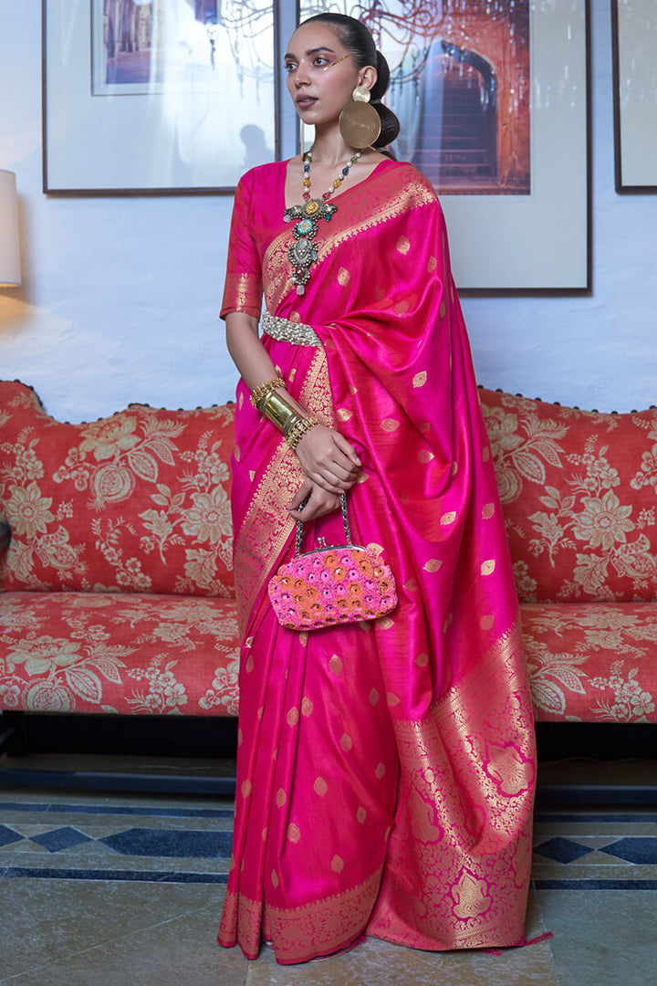 Dark Carnation Pink Dual Tone Zari Woven Banarasi Silk Saree