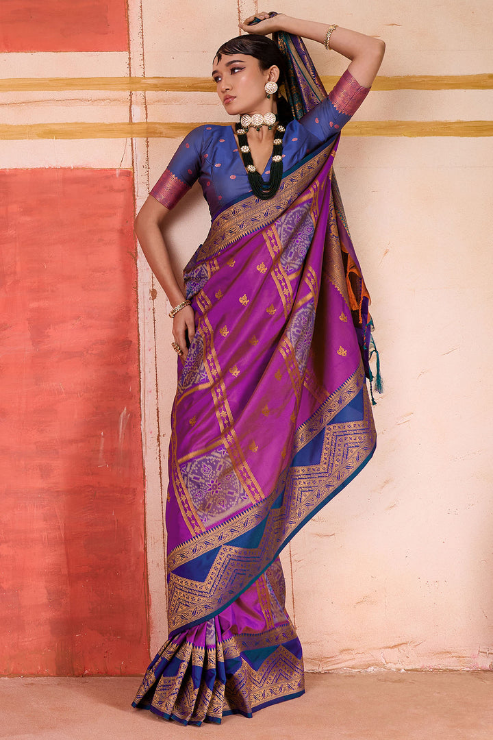 Dark Carnation Pink Handloom Banarasi Silk Saree