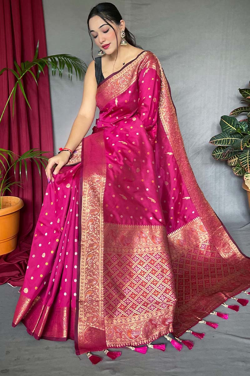 Dark Carnation Pink Soft Banarasi Silk Saree