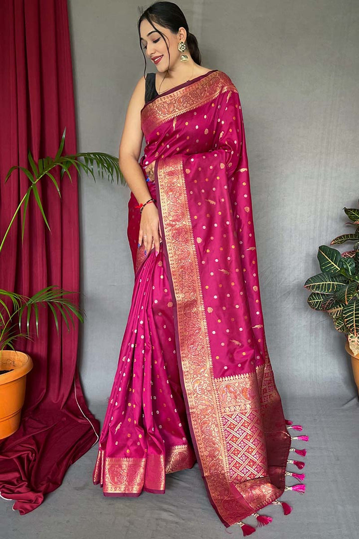 Dark Carnation Pink Soft Banarasi Silk Saree