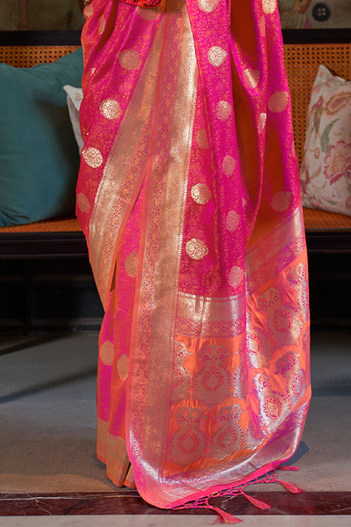 Dark Carnation Pink Zari Woven Satin Silk Saree