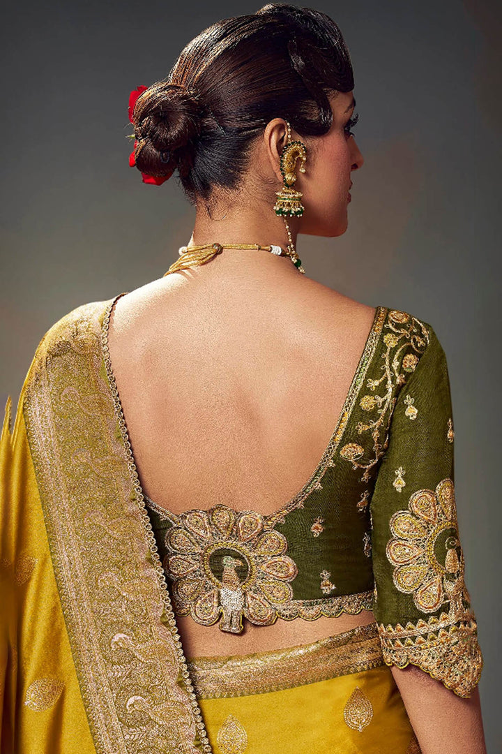 Dark Gold Banarasi Satin Silk Saree With Fancy Lace Border and Embroidery Blouse