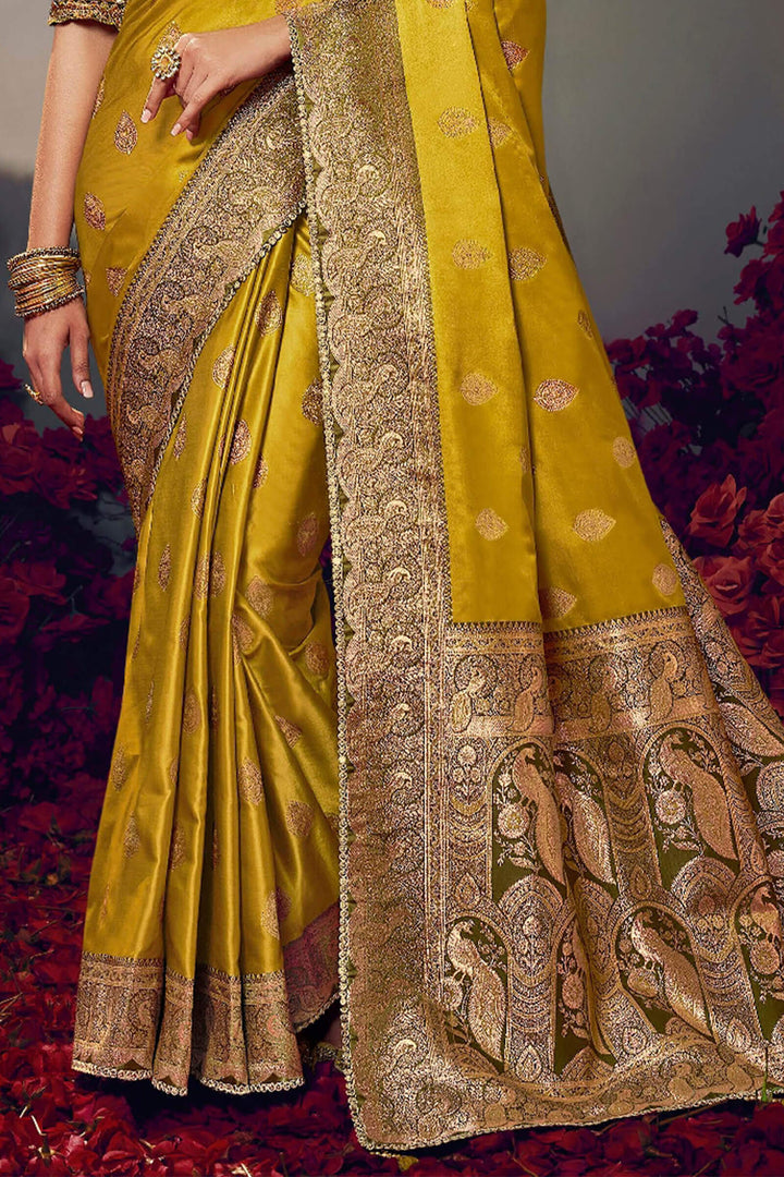 Dark Gold Banarasi Satin Silk Saree With Fancy Lace Border and Embroidery Blouse