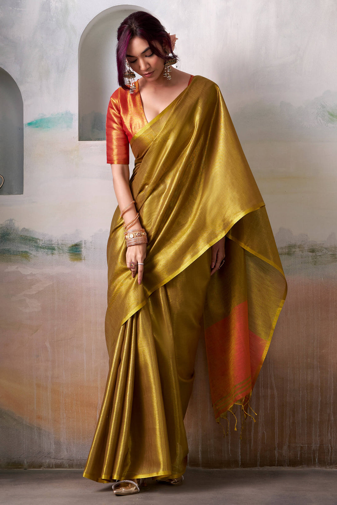 Dark Gold Tissue Silk Saree