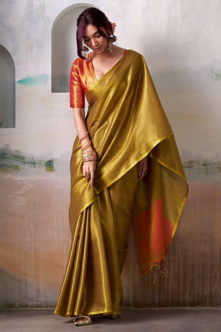 Dark Gold Tissue Silk Saree