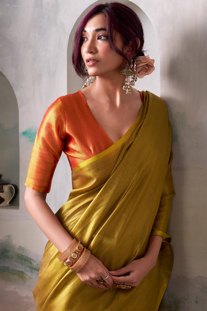 Dark Gold Tissue Silk Saree