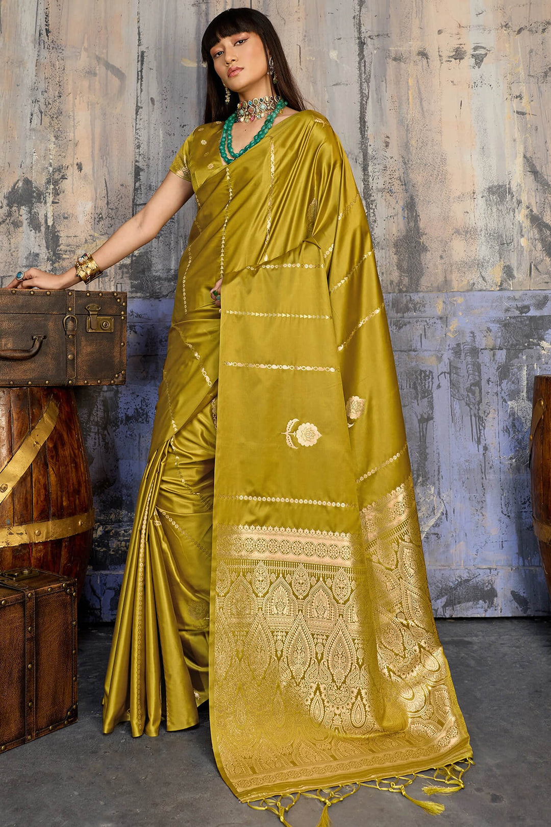 Dark Gold Zari woven Banarasi Satin silk saree