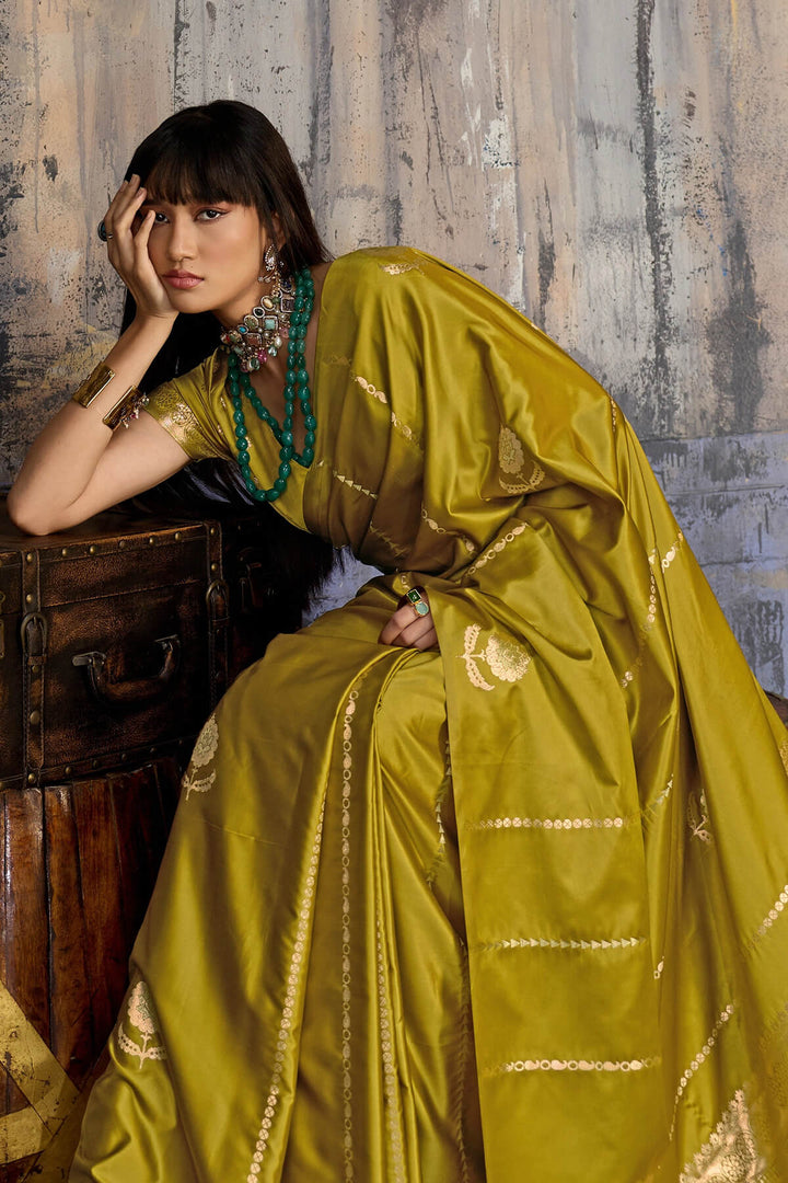 Dark Gold Zari woven Banarasi Satin silk saree