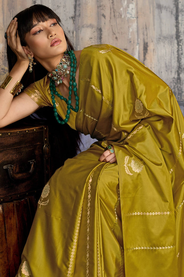 Dark Gold Zari woven Banarasi Satin silk saree