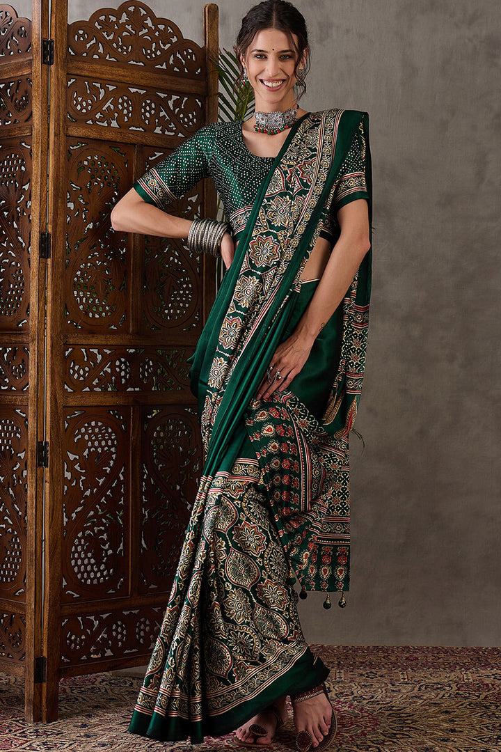 Dark Green Ajrakh Printed Satin Silk Saree